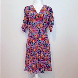 Tucker Orange and Blue ruched Sleeve Midi Sundress